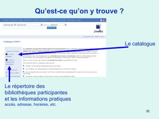 Qu’est-ce qu’on y trouve ?



                                              Le catalogue




Le répertoire des
bibliothèques participantes
et les informations pratiques
accès, adresse, horaires, etc.
                                                      32
 
