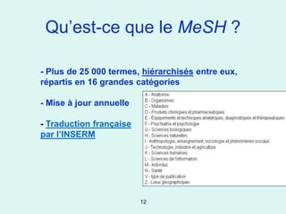 Qu’est-ce que le MeSH ?

- Plus de 25 000 termes, hiérarchisés entre eux,
répartis en 16 grandes catégories

- Mise à jour annuelle

- Traduction française
par l’INSERM




                         12
 