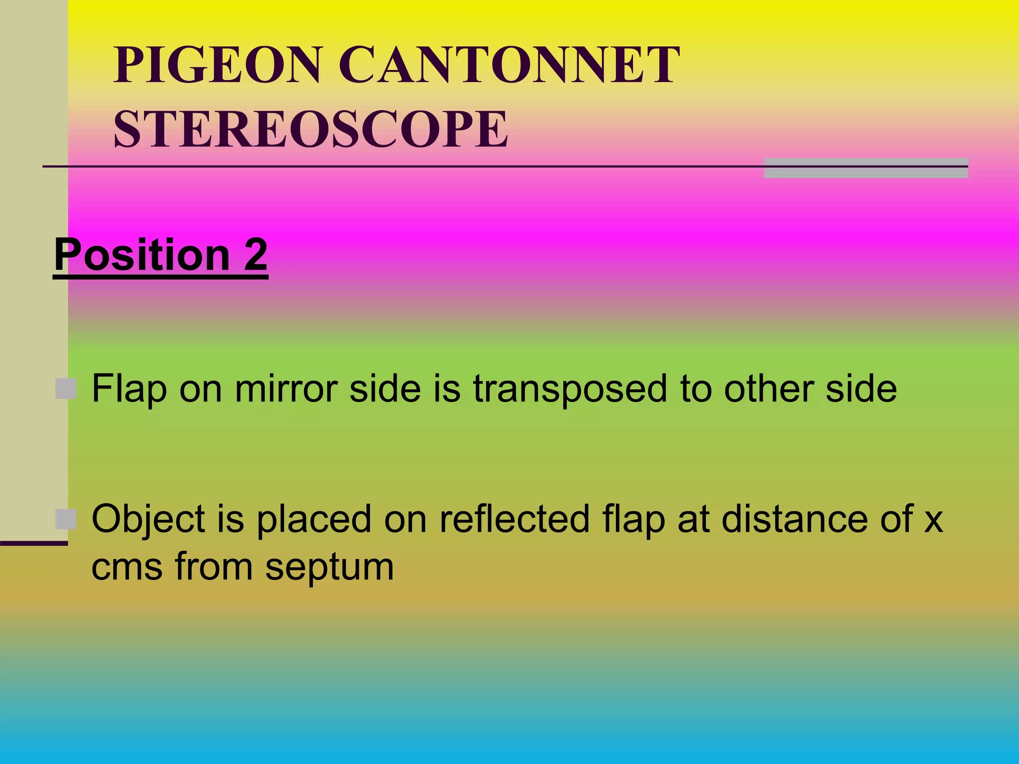 PIGEON CANTONNET
STEREOSCOPE
Position 2
 Flap on mirror side is transposed to other side
 Object is placed on reflected flap at distance of x
cms from septum
 