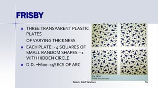 FRISBY
 THREE TRANSPARENT PLASTIC
PLATES
OF VARYING THICKNESS
 EACH PLATE :- 4 SQUARES OF
SMALL RANDOM SHAPES --1
WITH HIDDEN CIRCLE
 D.D. 600 -15SECS OF ARC
Optom. Ankit Varshney 55
 