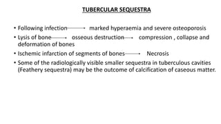 TUBERCULAR SEQUESTRA
• Following infection marked hyperaemia and severe osteoporosis
• Lysis of bone osseous destruction compression , collapse and
deformation of bones
• Ischemic infarction of segments of bones Necrosis
• Some of the radiologically visible smaller sequestra in tuberculous cavities
(Feathery sequestra) may be the outcome of calcification of caseous matter.
 