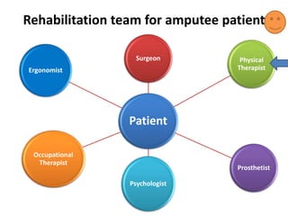 Rehabilitation team for amputee patient
Patient
Surgeon Physical
Therapist
Prosthetist
Psychologist
Occupational
Therapist
Ergonomist
 
