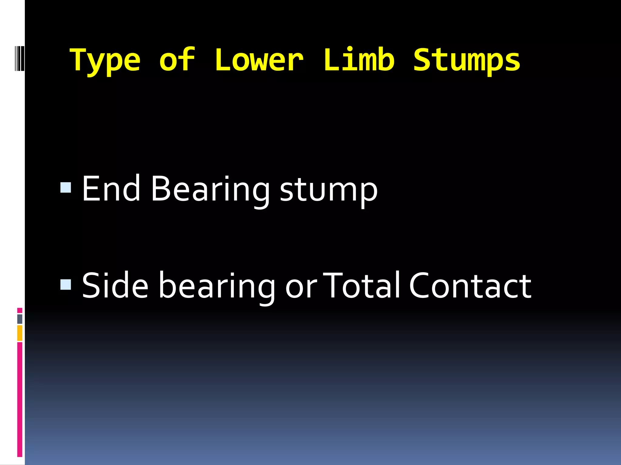 Type of Lower Limb Stumps


 End Bearing stump

 Side bearing or Total Contact
 
