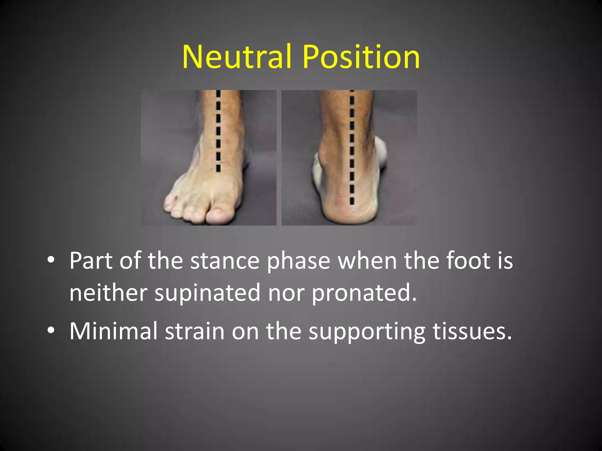Neutral Position




• Part of the stance phase when the foot is
  neither supinated nor pronated.
• Minimal strain on the supporting tissues.
 