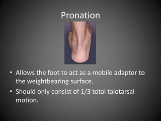 Pronation




• Allows the foot to act as a mobile adaptor to
  the weightbearing surface.
• Should only consist of 1/3 total talotarsal
  motion.
 