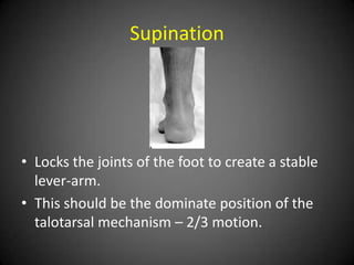 Supination




• Locks the joints of the foot to create a stable
  lever-arm.
• This should be the dominate position of the
  talotarsal mechanism – 2/3 motion.
 