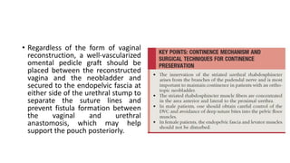 • Regardless of the form of vaginal
reconstruction, a well-vascularized
omental pedicle graft should be
placed between the reconstructed
vagina and the neobladder and
secured to the endopelvic fascia at
either side of the urethral stump to
separate the suture lines and
prevent fistula formation between
the vaginal and urethral
anastomosis, which may help
support the pouch posteriorly.
 