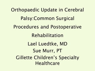 Orthopaedic Update in Cerebral Palsy:Common Surgical Procedures and Postoperative Rehabilitation Lael Luedtke, MD Sue Murr, PT Gillette Children’s Specialty Healthcare 