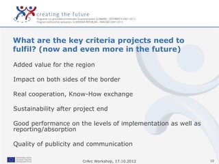 What are the key criteria projects need to
fulfil? (now and even more in the future)

Added value for the region

Impact o...