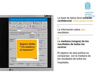 La base de datos tiene carácter
                   confidencial. Cada grupo recibe:

                   1
                   La información sobre sus
                   resultados

                   2
                   La mediana (rangos) de los
Registro fiable:   resultados de todos los
”¡No nombres,      centros
no lamentos!”
                   El objetivo de esta política es
                   comparase con la mediana de
                   los resultados de todos los
                   hospitales.
 