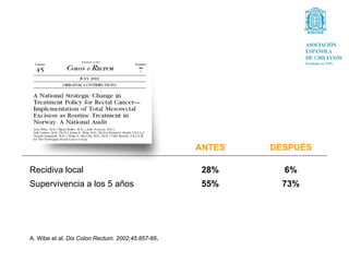 ANTES   DESPUÉS

Recidiva local                                      28%      6%
Supervivencia a los 5 años                          55%      73%




A. Wibe et al. Dis Colon Rectum. 2002;45:857-66.
 
