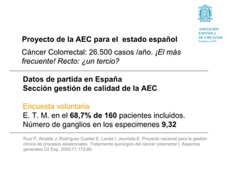 Proyecto de la AEC para el estado español
Cáncer Colorrectal: 26.500 casos /año. ¡El más
frecuente! Recto: ¿un tercio?

Datos de partida en España
Sección gestión de calidad de la AEC

Encuesta voluntaria
E. T. M. en el 68,7% de 160 pacientes incluidos.
Número de ganglios en los especimenes 9,32
Ruiz P, Alcalde J, Rodríguez Cuellar E, Landa I, Jaurrieta E. Proyecto nacional para la gestión
clínica de procesos asistenciales. Tratamiento quirúrgico del cáncer colorrectal I. Aspectos
generales.Cir Esp. 2002;71:173-80.
 