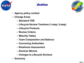 Outline

• Agency policy context
• Change Areas
   – Standard TOR
   – Lifecycle Review Timelines (1-step; 2-step)
   – Lifecycle Products
   – Review Criteria
   – Maturity Tables
   – Team Composition and Balance
   – Convening Authorities
   – Readiness Assessment
   – Decision Memos
   – Changes to Lifecycle Reviews
• Summary
                                                   Page 3
 