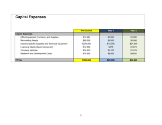 Capital Expenses
Pre-Launch Year 1 Year 2
Capital Expenses
Office Equipment, Furniture, and Supplies $14,984 $1,500 $1,500
Remodeling Needs $65,000 $2,000 $5,500
Industry Specific Supplies and Technical Equipment $220,000 $15,000 $24,500
Licensing Needs (liquor license etc) $12,500 $975 $1,075
Company Vehicles $24,500 $1,225 $1,225
Research and Development Costs $16,500 $8,800 $8,800
TOTAL $353,484 $29,500 $42,600
1
 