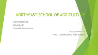 NORTHEAST SCHOOL OF AGRICULTURE
FOURTH SEMESTRE
VOCABULARY
ENGINEER. Oscar Garcia
Group practice: # 3
NAME. EDDIN MAURICIO ORTIZ BARRIOS
 