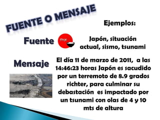 FUENTE O MENSAJEEjemplos:Japón, situación actual, sismo, tsunami     FuenteEl día 11 de marzo de 2011,  a las 14:46:23 horas Japón es sacudido por un terremoto de 8.9 grados richter, para culminar su debastaciónes impactado por un tsunami con olas de 4 y 10 mts de alturaMensaje