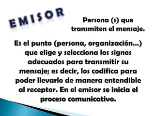 E M I S O RPersona (s) que transmiten el mensaje.Es el punto (persona, organización…) que elige y selecciona los signos adecuados para transmitir su mensaje; es decir, los codifica para poder llevarlo de manera entendible al receptor. En el emisor se inicia el proceso comunicativo. 