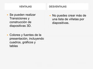 VENTAJAS DESVENTAJAS
 Se pueden realizar
Transiciones y
construcción de
diapositivas 3D.
 Colores y fuentes de la
presentación, incluyendo
cuadros, gráficos y
tablas
 No puedes crear más de
una lista de viñetas por
diapositivas.
 