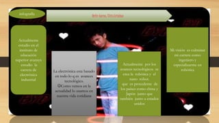 La electrónica esta basado
en todo lo q es avances
tecnológico.
Como vemos en la
actualidad lo usamos en
nuestra vida cotidiana
Actualmente por los
avances tecnológicos se
crea la robótica y el
nano robot.
que es procedente de
los países como china y
Japón junto que
también junto a estados
unidos
Mi visión es culminar
mi carrera como
ingeniero y
especializarme en
robótica
Actualmente
estudio en el
instituto de
educación
superior avansys
estudio la
carrera de
electrónica
industrial
infografía
Ortiz torres, Elvis Cristian