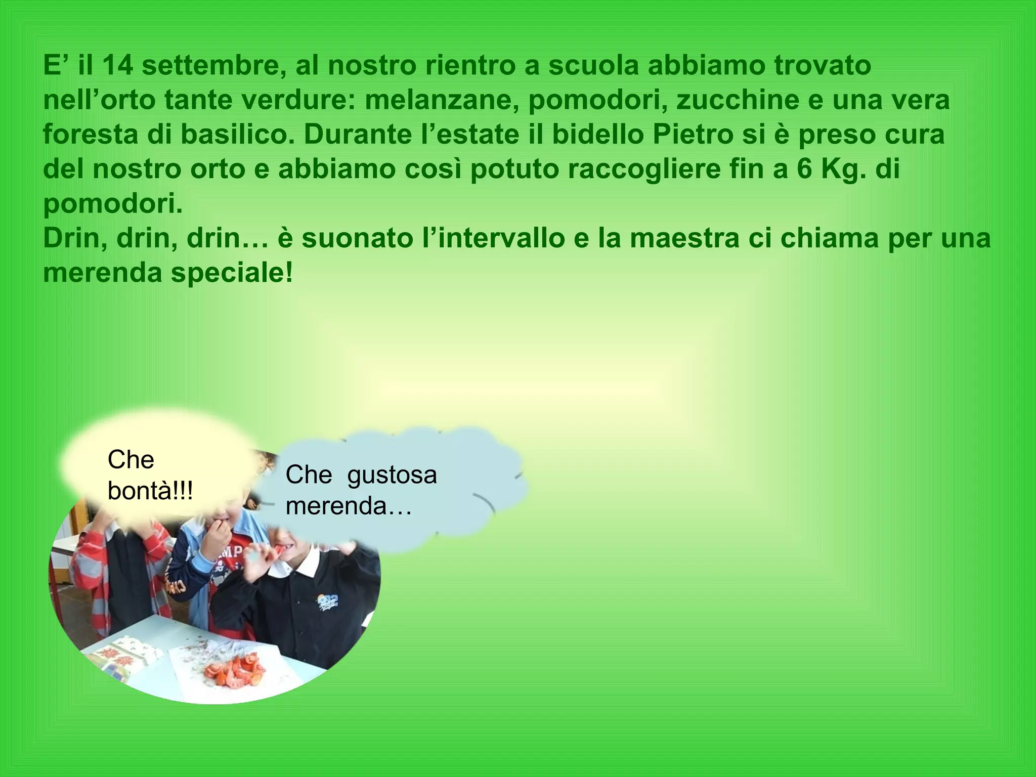 E’ il 14 settembre, al nostro rientro a scuola abbiamo trovato nell’orto tante verdure: melanzane, pomodori, zucchine e una vera foresta di basilico. Durante l’estate il bidello Pietro si è preso cura del nostro orto e abbiamo così potuto raccogliere fin a 6 Kg. di pomodori.  Drin, drin, drin… è suonato l’intervallo e la maestra ci chiama per una merenda speciale! Che  gustosa merenda… Che bontà!!! 