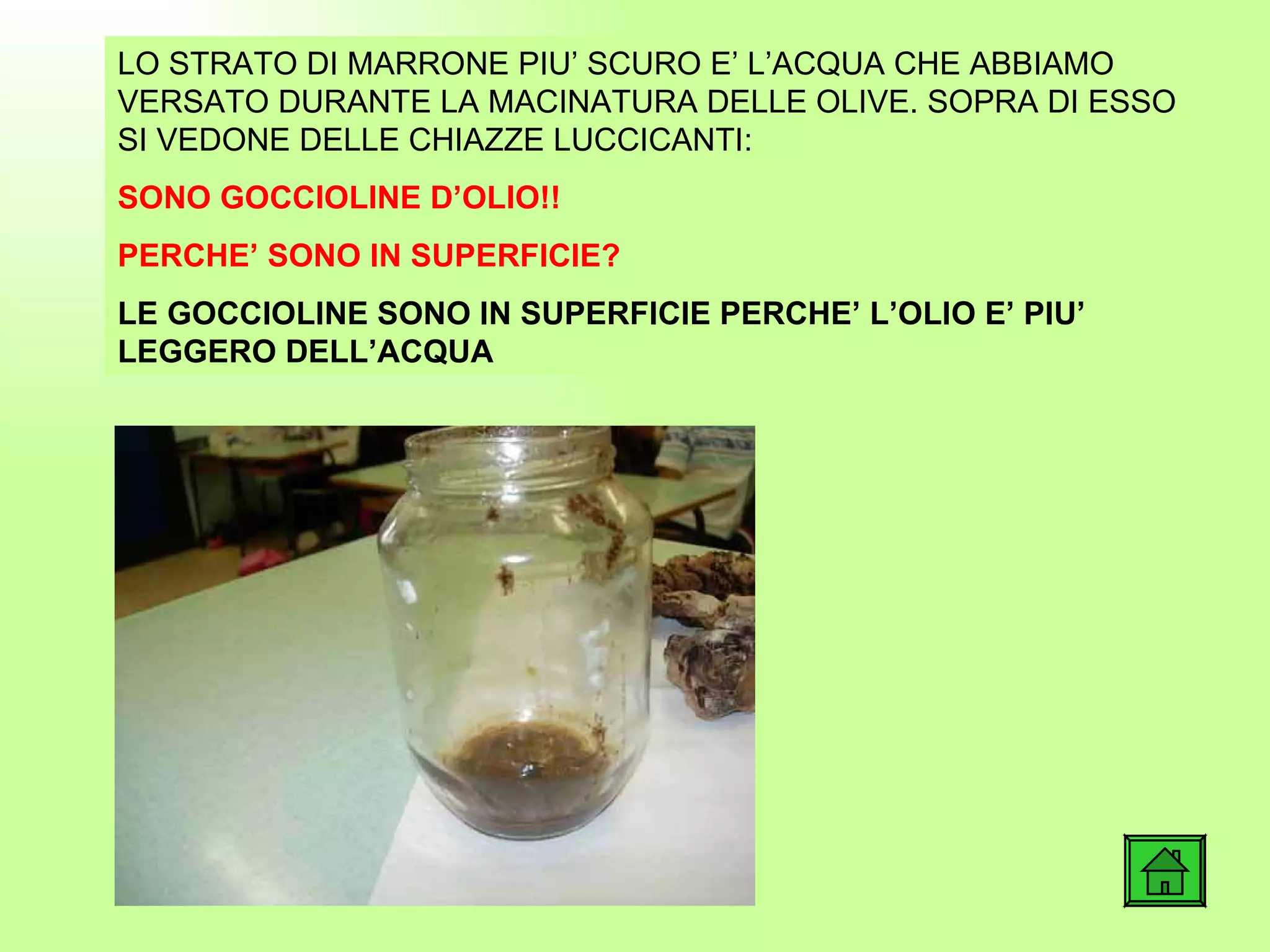 LO STRATO DI MARRONE PIU’ SCURO E’ L’ACQUA CHE ABBIAMO VERSATO DURANTE LA MACINATURA DELLE OLIVE. SOPRA DI ESSO SI VEDONE DELLE CHIAZZE LUCCICANTI: SONO GOCCIOLINE D’OLIO!! PERCHE’ SONO IN SUPERFICIE? LE GOCCIOLINE SONO IN SUPERFICIE PERCHE’ L’OLIO E’ PIU’ LEGGERO DELL’ACQUA 