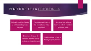 BENEFICIOS DE LA ORTODONCIA
Mejora la posición, función
y estética de las piezas
dentales
. Consigue que el hueso y
las encías luzcan más
saludables
. Consigue que la boca
mejore su estado y también
la higiene bucal
Disminuye el riesgo de
desgaste dental e incluso
pérdida de piezas dentales
. Puede mejorar incluso el
habla y la pronunciación
 