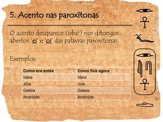 5. Acento nas paroxítonas
O acento desaparece (oba!) nos ditongos
abertos ‘ei‘ e ‘oi‘ das palavras paroxítonas.
Exemplos:
Como era antes Como fica agora
Idéia Ideia
Jóia Joia
Geléia Geleia
Andróide Androide
