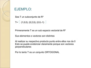 EJEMPLO: Sea T un subconjunto de R³ T= (1,0,0); (0,2,0); (0,0,-1) Primeramente T es un sub espacio vectorial de R³ Sus elementos o vectores son distintos Al realizar su respectivo producto punto entre ellos nos da 0 Esto se puede evidenciar claramente porque son vectores perpendiculares Por lo tanto T es un conjunto ORTOGONAL