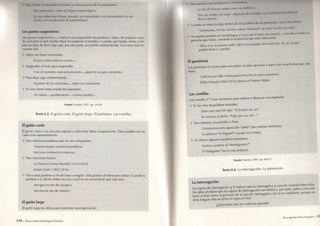/V'íd .1/1(1' linh: vlltrn c/ Musco Arqueológico. 
1,11 , i s , i ( / ( • / » ' l i m p i a , . i / r c i i / . i , sin humedades, con luminosidad: en de-tlnili, 
i e n I ofulii iones i/c hdhUahilidad. 
Los puntos suspensivos 
I os puntos suspensivos (...) i n d i c a n una suspensión de palabras o ideas. Se e m p l e a n cuan­d 
o c o n v i e n e al q u e escribe dejar en suspenso el s e n t i d o o cuando, por dudas, temor o res­peto 
se deja de decir algo que, por otra parte, es p o s i b l e sobreentender. Los casos más fre­cuentes 
son: 
• Dejar una frase i n c o m p l e t a. 
El que a buen árbol se arrima... 
• Suspender el f i n a l , para sorprender. 
y en el momento más emocionante... apareció un gato corriendo. 
•> Para dejar a l g o indeterminado. 
£/ precio de los alimentos... mejor no comentarlo. 
• En u n a f o r m a entrecortada d e expresarse. 
No sabría... posiblemente... si fuera posible... 
F u e n t e : Fuentes (1987, pp. 64-65). 
Texto 6.3. El g u i ó n c o r t o . El g u i ó n l a r g o . El p a r é n t e s i s . Las c o m i l l a s. 
El guión corto 
El guión corto (-) se usa para separar y relacionar datos o expresiones. Éstos pueden ser los 
casos más representativos: 
• Para relacionar palabras que no son compuestas. 
Tratamos temas económico-políticos. 
Será una conferencia norte-sur 
*> Para relacionar fechas. 
La Primera Guerra Mundial (1914-1918) 
Rubén Darío (1867-1916) 
• Rara cortar palabras al f in de línea o renglón. Sólo p o d r á n d i v i d i r s e por sílabas. C u a n d o la 
primera o la l i l t i m a sílaba sea una vocal no es c o n v e n i e n t e que vaya sola. 
Apo-geo en vez de a-poge-o 
Ate-neo en vez de a-tene-o 
El guión largo 
El guión largo se u t i l i z a para intercalar una e x p l i c a c i ó n. 
138 • A l v a r o Andrés H a m b u r g e r Fernández 
/.) /s7,i ílv Pascua -según creo- t>s helllslim. 
Para los árabes, la mujer -liespui's i l v l i . I / M / A I - I ' S r l .mlni.il /n. l s / i i ' / í i ' i ( n 
de la creación. 
Cuando se intercala a l g o d e n t r o de las p.il.ibi.is de un p i ' i s i i n , i | i ' u n i i . i i ii.i i i ' v i i i . i l, 
"Caminante, no hay camino -decía Machado- sv h.u e < .iniimi .il .tiul.ii" 
•> Se e m p l e a t a m b i é n en los d i á l o g o s al i n i c i o de la frase, sin cerrarla, y i u . i n d o se i n d i i ,i la 
persona q u e habla, c e r r a n d o la a c l a r a c i ó n q u e está intercalada. 
-Pero si yo no poseo nada -dijo el escarabajo del estiércol-. Yo no sé qué 
podría darte a cambio. 
El paréntesis 
Los paréntesis () sirven para encuadrar un dato o p c i o n a l o para citar unas fechas que inte­resan. 
y pienso que dijo multa paucis (mucho en pocas palabras). 
Pablo Neruda (1904-1973) obtuvo el Premio Nobel. 
Las comillas 
Las comillas {" ") son necesarias para señalar o destacar una expresión. 
<• En las citas de palabras textuales. 
Sabes que Luis XIV dijo: ''El Estado soy yo". 
Ya conoces el dicho: "Ojos que no ven..." 
• Rara subrayar una palabra o frase. 
Compramos unos aguacates "palta" que estaban deliciosos. 
Lo pillamos "in fraganti" cuando me miraba. 
• Al u t i l i z a r algunos vocablos extranjeros. 
Fuimos a patinar al " s k a t i n g - r o o m ". 
El " a l l e g r e t t o " fue lo más brillante. 
F u e n t e : Fuentes (1987, pp. 66-67). 
Texto 6.4. La i n t e r r o g a c i ó n . La a d m i r a c i ó n. 
La interrogación 
Los signos de interrogación (¿ ?) i n d i c a n que es interrogativa la o r a c i ó n i n c l u i d a entre ellos 
No debe o l v i d a r s e q u e los signos de i n t e r r o g a c i ó n son dobles y, por tanto, deben colocarse 
tanto al f i n a l c o m o al p r i n c i p i o de la o r a c i ó n interrogativa. Así es en castellano, a u n q u e en 
otras lenguas s ó l o se u t i l i c e el signo al f i n a l. 
¿Qué habrá sido ese ruido tan grande} 
D o c e a p u n t e s s o b r e ortografí.i • 1 
 