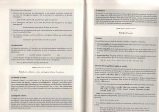 Pero veamos otras situaciones: 
•> Mientras que ai comenzar una interrogación se usa siempre mayúscula, c u a n d o hay 
una serie de interrogativas seguidas, sólo es necesaria la mayúscula en la primera 
interrogativa. 
¿Qué dices?, ¿qué tiaces?, ¿qué piensas?, ¿qué te propones? 
• Si la interrogativa sólo afecta a una parte del párrafo, sólo esta parte irá c o n signos 
interrogativos. 
5/ esta'5 dispuesto, ¿por qué no lo haces de una vez? 
•i" Cuando se usan las interrogaciones en la c i ta d e una fecha, se q u i e r e indicar que hay d u ­da 
en la e x a c t i t u d del dato. 
No olvidemos, t a m p o c o , que hay una forma interrogativa indirecta que no lleva signos 
interrogativos. 
Me pregunto qué habrá sido ese ruido tan grande. 
La admiración 
Los signos de admiración (¡ !) enmarcan un c o n t e n i d o que expresa sentimientos vivos. Es­tos 
signos t a m b i é n son dobles en castellano. Se usan en oraciones exclamativas y c o n i n ­terjecciones. 
¡Al ladrón! ¡Auxilio! ¡Viva la Constitución! ¡Ay! 
Cuando después del signo de a d m i r a c i ó n se p o n e una coma, la p a l a b r a siguiente no tie­ne 
que comenzar por mayúscula. Lo mismo sucede con la i n t e r r o g a c i ó n. 
Pero yo, ¿se da cuenta?; no le doy importancia. 
F u e n t e : Fuentes (1987, pp. 68-69). 
Texto 6.5. La d i é r e s i s o c r e m a . La d i a g o n a l o b a r r a . El asterisco. 
La diéresis o crema 
La diéresis o crema {") se c o l o c a sobre la " u " (ü); sirve para hacer sonar la u que en otros 
casos es muda, por e j e m p l o : "roguemos y santigüémonos". En poesía, por razones m é t r i ­cas, 
se puede poner sobre la p r i m e r a vocal de un d i p t o n g o para deshacerlo y formar dos sí­labas; 
por e j e m p l o : Ten el tesón del clavo enmohecido/ que ya viejo y ruin, (pronuncíese 
ru-ín) vuelve a ser clavo/ no la cobarde estupidez del pavo/ que amaina su plumaje al pri­mer 
ruido. 
La diagonal o barra 
La diagonal o barra (/) sirve para separar los versos de un poema que se ha t r a n s c r i to a lí­nea 
seguida, o para separar los significados de una palabra, por e j e m p l o : Hombres necios 
que acusáis/ a la mujer sin razón/ sin ver que sois la ocasión/ de lo mismo que culpáis. Otro 
e j e m p l o sería: Derecho: conjunto de leyes y disposiciones que determinan las relaciones so­ciales/ 
que no está doblado ni encorvado/ facultad de disponer de una cosa/ honorarios/ la­do 
mejor labrado de iin: 
El asterisco 
El asterisco (*), del griego aster-asteros [astro], s i g n i f i ca estrellita; puede ser un signo senci­l 
l o (*), d o b l e (**) o t r i p le (***) que se usa c o m o llamada de a t e n c i ó n , c o l o c a n d o un primer 
e l e m e n t o antes d e la p a l a b r a o t e x t o que se pretende aclarar, y el o t r o elemento al p i e de la 
página donde aparece la a c l a r a c i ó n . En ocasiones, en lugar del asterisco se usan números o 
letras de menor tamaño que se u b i c a n en la misma forma; son preferibles al asterisco, sobre 
t o d o c u a n d o las llamadas de a t e n c i ó n son numerosas. 
F u e n t e : Torres (1994, pp. 233-234). 
Texto 6.6. El a c e n t o. 
Acentos 
En castellano hay tres clases de acentos: prosódico, ortográfico y diacrítico. 
• Acento p r o s ó d i c o . Es el mayor esfuerzo que se hace al p r o n u n c i a r una sílaba. Toda pala­bra 
en castellano lleva acento prosódico. 
• Acento o r t o g r á f i c o . Es la rayita que se marca sobre la vocal en la sílaba d o n d e se ha­ce 
mayor esfuerzo. Este a c e n t o se marca de acuerdo c o n las reglas establecidas para su 
uso. 
• Acento d i a c r í t i c o . Del g r i e g o diakrinos: distinción. Es el m i s m o o r t o g r á f i c o que se marca 
sobre ciertas palabras que en la escritura puedan presentar ambigüedad. 
V.gr. se - sé, te - té, tu - tú, el - él, si - sí, aun - aún, que - qué. 
División de las palabras según su acento 
Las palabras que l l e v e n el acento en la ú l t i m a sílaba de la derecha se l l a m a n agudas; las (|tic 
lo llevan en la p e n ú l t i m a , se llaman graves o llanas; las q u e lo llevan en la a n t e p e n ú l t i m a , se 
l l a m a n esdrújulas y las que lo llevan en la trasantepenúltima sílaba se llaman sobreesdrúju­las; 
por e j e m p l o , café, mártir, plátano, olvidáronseles, respectivamente. 
N o t a : Toda e s d r ú j u l a y sobreesdrújula, lleva acento o r t o g r á f i c o . Palabras sobreesdrújulas 
no hay p r o p i a m e n t e en castellano, éstas se forma de inflexiones verbales y e n c l í t i i os; por 
e j e m p l o , robáronselos. 
A todas las palabras agudas terminadas en vocal, nosse les marca t i l d e ; por e j e m p l o: 
Cajón, Bogotá, Belén, hlonolulú, Cebú, Vivió, Facatativá, Corazón, Azadón, 
Anís, Solís, Querubín, Benitín, Boyacá, Cabezón, Diapasón, Mompós, 
Veintidós, Bebió, Lloró... 
N o t a : Los monosílabos en castellano, c o n e x c e p c i ó n de algunos pocos, no llevan tilde, 
pero por presentar ambigüedad a algunos de ellos se les pone acento d i a c r í t i c o , c o m o los 
siguientes: 
Tú, él, sí, té, dé, aún, sé, etc. 
A las palabras agudas que t e r m i n a n en consonantes, distintas de n y s, no se les marca 
la t i l d e. 
Reloj, pared, fumar, llevar, haber, coger, salir, amar, saber, correr, subir, vh 
vir, llegar, bailar, llover, cantar, borrar, timidez, actriz, feroz, feraz, monta­ra/, 
antitud. ,11 i l i i i i l l i ' i 'i 
 