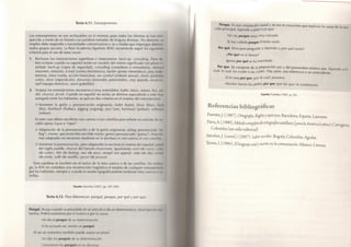 T e x t o 6 . 1 1 . E x t r a n j e r i s m o s. 
Los extranjerismos no son rechazables en sí mismos, pues todos los idiomas se han cnii 
q u e c i d o a través de su historia c o n palabras tomadas de lenguas diversas. N o obstante, su 
e m p l e o debe responder a necesidades comunicativas y no a modas q u e impongan determi­nados 
grupos sociales. La Real Academia Española (RAE) recomienda seguir los siguiente» 
c r i t e r i o s para el uso de estas voces: 
1. Rechazar los extranjerismos superfluos o innecesarios: back-up, consulting. Éstos de 
ben evitarse c u a n d o en español existe un v o c a b l o del mismo significado c o n plena vi 
t a l i d a d : back-up (copia de seguridad), consulting (consultora o consultoría), alisliai I 
(resumen, extracto), e-mail (correo e l e c t r ó n i c o ) , hacker (pirata i n f o r m á t i c o ) , / e e / ; i l o i l ii 
terreno), share (cuota, a c c i ó n financiera), sex symbol (símbolo sexual), shorts (p.iiil.ilciii 
c o r t o ) , show (espectáculo), showman (animador, presentador), stop (parada, anunt lo), 
staff ( e q u i p o d i r e c t i v o ) , stand (pabellón). 
2. Aceptar los extranjerismos necesarios o muy extendidos: ballet, blues, máster b(n, pA 
del, chucrut, jet-set. Cuando en español no exista un t é r m i n o equivalente o esté muy 
arraigado entre los hablantes, se a p l i c a n dos c r i t e r i o s en el e m p l e o del extranjerismo 
•:• Mantener la grafía y p r o n u n c i a c i ó n originarias: ballet (balet), blues (hlus), t!.ih 
(fias), flashback (flasbac), ¡ogging (yoguing), jazz (yas), hardware (jardunr), so/ / i i . i (c 
(softuar). 
En este caso deben escribirse c o n cursiva o c o n c o m i l l a s para señalar su carái lei i l c vn 
c a b i o ajeno: input o " i n p u t ". 
• Adaptación de la p r o n u n c i a c i ó n o de la grafía originarias: airbag (pronunciado " I M 
bag"), master, que se escribe c o n t i l d e máster, geisha (pronunciado "gueisa"). Están Im 
mas adaptadas no necesitan resaltarse en la escritura ni c o n cursiva ni c o n c o i n i l l . i '. 
<• Mantener la p r o n u n c i a c i ó n , pero adaptando la escritura al sistema del español: piUM 
del inglés paddie, chucrut del francés choucroute. Igualmente: curri (de curry), < illvi 
(de cutter), filin (de feeling), sexi (de sexy), sexapil (sex appeal), eslip (de slip), t'snuh 
(de snob), suflé (de souffie), yacusi (de jacuzzi). 
Estas palabras se escriben sin el realce de la letra cursiva o de las c o m i l l a s . Sin e i i i l i .u 
go, la RAE no considera una i n c o r r e c c i ó n lingüística el e m p l e o de cualquier extr.injerlmiiM 
por los hablantes, siempre y c u a n d o lo resalte t i p o g r á f i c a m e n t e mediante letra ciirsiv.i o 11. 
m i l l a s . 
F u e n t e : Sánchez (2007, pp. 207-208). 
T e x t o 6 . 1 2 . Para d i f e r e n c i a r : p o r q u é , p o r q u e , por q u é y p o r (|uc'. 
Porqué. Se usa c u a n d o va p r e c e d i d o de u n a r t í c u l o o de un d e t e r m i n a t i v o , tiene t i im mu n i 
t a n t i v a . Podría sustituirse por el motivo o por la causa. 
No dio el porqué de su determinación. 
Si ha actuado así, tendrá un porqué. 
Al ser un sustantivo t a m b i é n puede usarse en p l u r a l. 
No dijo los porqués de su ilrlermin.K ion. 
Cono( iviiiti li)s porqués ni '.u I / I M I I I M I ^ ^ ^ ^ ^ ^ ^ ^ ^ ^ ^ ^^ 
Porque. Es una c o n j u n c i ó n causal y se usa en oraciones que e x p l i c a n la causa de la on 
Clon p r i n c i p a l . Equivale a pues o ya que. 
No voy porque estoy m'^Y cansado. 
Te has callado porque él tenía razón. 
Por qué. Sirve para preguntar y e q u i v a l e a ¿por qué razón? 
¿Por qué no lo llamas? 
Ignoro por qué se ha marchado. 
Por que. Se c o m p o n e de la p r e p o s i c i ó n por y del p r o n o m b r e relativo que. Equivale a el 
cual, la cual, los cuales o las cuales. Hay, pues, una referencia a un antecedente. 
Es la casa por que (por la cual) pasamos. 
Muchos fueron los delitos por que (por los que) le condenaron. 
tiiii.. 
F u e n t e : Fuentes (1987, p. 25). 
R e f e r e n c i a s bibliográficas 
F u e n t e s , ] . ( 1 9 8 7 ) . Ortografía. Reglas y ejercicios. B a r c e l o n a , España: L a r o u s s e. 
V^m, A. {990) Método completo de ortograjía castellana (parala América Latiría). Cartagena, 
C o l o m b i a ( s i n s e l l o e d i t o r i a l ) . 
Sánchez,], ( c o o r d . ) ( 2 0 0 7 ) . Saber escribir. Bogotá, C o l o m b i a : A g u i l a n 
T o r r e s , I . ( 1 9 9 4 ) . El lenguaje oraly escrito en la comunicación. México: L i m u s a . 
