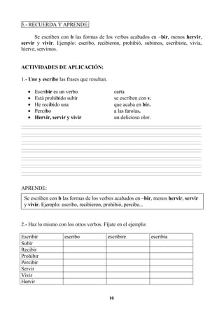 10
5.- RECUERDA Y APRENDE:
Se escriben con b las formas de los verbos acabados en –bir, menos hervir,
servir y vivir. Ejemplo: escribo, recibieron, prohibió, subimos, escribiste, vivía,
hierve, servimos.
ACTIVIDADES DE APLICACIÓN:
1.- Une y escribe las frases que resultan.
• Escribir es un verbo carta
• Está prohibido subir se escriben con v.
• He recibido una que acaba en bir.
• Percibo a las farolas.
• Hervir, servir y vivir un delicioso olor.
________________________________________________________________________________________________________________________________________________________________
________________________________________________________________________________________________________________________________________________________________
________________________________________________________________________________________________________________________________________________________________
________________________________________________________________________________________________________________________________________________________________
________________________________________________________________________________________________________________________________________________________________
________________________________________________________________________________________________________________________________________________________________
________________________________________________________________________________________________________________________________________________________________
________________________________________________________________________________________________________________________________________________________________
________________________________________________________________________________________________________________________________________________________________
________________________________________________________________________________________________________________________________________________________________
________________________________________________________________________________________________________________________________________________________________
________________________________________________________________________________________________________________________________________________________________
________________________________________________________________________________________________________________________________________________________________
________________________________________________________________________________________________________________________________________________________________
APRENDE:
2.- Haz lo mismo con los otros verbos. Fíjate en el ejemplo:
Escribir escribo escribiré escribía
Subir
Recibir
Prohibir
Percibir
Servir
Vivir
Hervir
Se escriben con b las formas de los verbos acabados en –bir, menos hervir, servir
y vivir. Ejemplo: escribo, recibieron, prohibió, percibe...
 