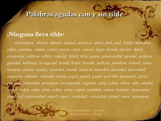 J. Andrés Alanís Navarro
aalanis@upeg.edu.mx
21
Palabras agudas con y sin tilde
Palabras agudas con y sin tilde
¡Ninguna lleva tilde!
administrar, alinear, altitud, animal, ascensor, astral, atril, azul, bailar, borrador,
calor, cambiar, cantar, cartel, cereal, color, corcel, dejar, dental, doctor, dolor,
ecuatorial, edificar, editor, esperar, febril, feliz, ganar, generosidad, genital, golpear,
guardar, habitual, hexagonal, hostal, hotel, hundir, judicial, justificar, latitud, mirar,
mostrar, motor, mudar, mundial, mural, musical, narrador, necedad, necesidad,
negociar, ofender, oriental, orinar, papel, pared, pastel, percibir, persuadir, picor,
platanar, prescribir, proseguir, rectangular, regresar, reloj, robot, sabor, salir, saludar,
sentar, señor, solar, soler, soltar, soñar, sopor, temblor, temor, trabajar, transmisor,
universal, universidad, usted, vapor, vecindad, veracidad, virtud, visor, zarandear.
 