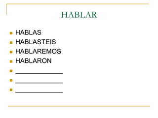 HABLAR










HABLAS
HABLASTEIS
HABLAREMOS
HABLARON
_____________
_____________
_____________

 
