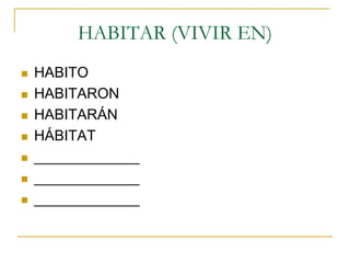 HABITAR (VIVIR EN)










HABITO
HABITARON
HABITARÁN
HÁBITAT
_____________
_____________
_____________

 
