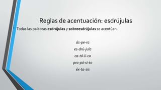 Reglas de acentuación: esdrújulas
• Todas las palabras esdrújulas y sobreesdrújulas se acentúan.
ás-pe-ra
es-drú-jula
ca-tó-li-co
pro-pó-si-to
éx-ta-sis
 