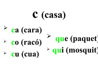 c (casa)

    ca (cara)
                

    co (racó)        que (paquet)

    cu (cua)
                
                    qui (mosquit)
 