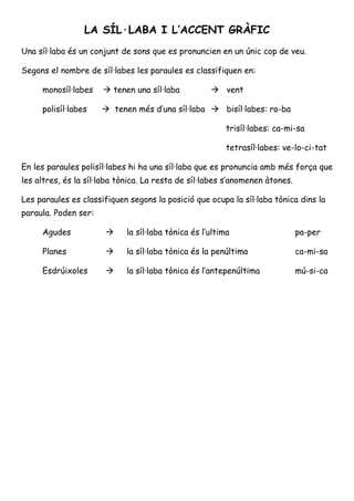 ORTOGRAFIA: LA SÍL·LABA I L’ACCENT GRÀFIC 
Una síl·laba és un conjunt de sons que es pronuncien en un únic cop de veu. 
Segons el nombre de síl·labes les paraules es classifiquen en: 
monosíl·labes  tenen una síl·laba  vent 
polisíl·labes  tenen més d’una síl·laba  bisíl·labes: ro-ba 
trisíl·labes: ca-mi-sa 
tetrasíl·labes: ve-lo-ci-tat 
En les paraules polisíl·labes hi ha una síl·laba que es pronuncia amb més força que 
les altres, és la síl·laba tònica. La resta de síl·labes s’anomenen àtones. 
Les paraules es classifiquen segons la posició que ocupa la síl·laba tònica dins la 
paraula. Poden ser: 
Agudes  la síl·laba tònica és l’ultima pa-per 
Planes  la síl·laba tònica és la penúltima ca-mi-sa 
Esdrúixoles  la síl·laba tònica és l’antepenúltima mú-si-ca 
 