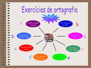Escolhe a opção
correcta
a
b
c
d e
f
gLê as frases e
escolhe a letra
Escolhe a forma
correcta
Observando os
substantivos...
Repara nos
adjectivos...
Lê as frases e
escolhe a palavra
Lê as frases e
clica...
Lê os excertos e
escolhe... h
Glossári
o
 