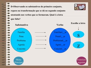 D-Observando os substantivos do primeiro conjunto,
repara na transformação que se dá no segundo conjunto
atentando nos verbos que se formaram. Qual é a letra
que falta?
Família
Pena
Problema
Agonia
Concreto
Familiari__ar
Penali__ar
Problemati__ar
Agoni__ar
Concreti__ar
Substantivo Verbo
s
z
Exercício
seguinte
Menu
Principal
Escolhe a letra
 