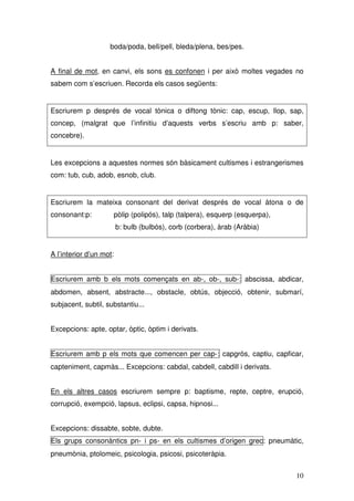 boda/poda, bell/pell, bleda/plena, bes/pes.


A final de mot, en canvi, els sons es confonen i per això moltes vegades no
sabem com s’escriuen. Recorda els casos següents:


Escriurem p després de vocal tònica o diftong tònic: cap, escup, llop, sap,
concep, (malgrat que l’infinitiu d’aquests verbs s’escriu amb p: saber,
concebre).


Les excepcions a aquestes normes són bàsicament cultismes i estrangerismes
com: tub, cub, adob, esnob, club.


Escriurem la mateixa consonant del derivat després de vocal àtona o de
consonant:p:             pòlip (polipós), talp (talpera), esquerp (esquerpa),
                         b: bulb (bulbós), corb (corbera), àrab (Aràbia)


A l’interior d’un mot:


Escriurem amb b els mots començats en ab-, ob-, sub-: abscissa, abdicar,
abdomen, absent, abstracte..., obstacle, obtús, objecció, obtenir, submarí,
subjacent, subtil, substantiu...


Excepcions: apte, optar, òptic, òptim i derivats.


Escriurem amb p els mots que comencen per cap-: capgròs, captiu, capficar,
capteniment, capmàs... Excepcions: cabdal, cabdell, cabdill i derivats.


En els altres casos escriurem sempre p: baptisme, repte, ceptre, erupció,
corrupció, exempció, lapsus, eclipsi, capsa, hipnosi...


Excepcions: dissabte, sobte, dubte.
Els grups consonàntics pn- i ps- en els cultismes d’origen grec: pneumàtic,
pneumònia, ptolomeic, psicologia, psicosi, psicoteràpia.


                                                                                10
 