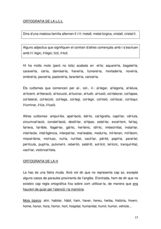 ORTOGRAFIA DE LA L/L·L


Dins d’una mateixa família alternen ll i l·l: metall, metal·lúrgica, cristall, cristal·lí.



Alguns adjectius que signifiquen el contrari d’altres començats amb l s’escriuen
amb l·l: lògic, il·lògic; lícit, il·licit.


Hi ha molts mots (però no tots) acabats en -el·la: aquarel·la, bagatel·la,
caravel·la,     cel·la,    damisel·la,       franel·la,   fumarel·la,   mortadel·la,   novel·la,
ombrel·la, parcel·la, pastorel·la, tarantel·la, varicel·la.


Els cultismes que comencen per al-, col-, il-: al·legar, al·legoria, al·leluia,
al·licient, al·literació, al·locució, al·lucinar, al·ludir, al·lusió; col·laborar, col·lapse,
col·lateral, col·lecció, col·lega, col·legi, col·legir, col·lisió, col·locar, col·loqui;
il·luminar, il·lús, il·lusió.


Altres cultismes: ampul·lós, apel·lació, bèl·lic, cal·ligrafia, capil·lar, cèl·lula,
circumval·lació, constel·lació, destil·lar, el·lipse, estel·lar, excel·lent, fal·laç,
fal·lera, fal·lible, flagel·lar, gàl·lic, hel·lènic, idíl·lic, imbecil·litat, instal·lar,
intel·lecte, intel·ligència, interpel·lar, mal·leable, medul·la, mil·lenari, mil·lèsim,
miscel·lània, mol·lusc, nul·la, nul·litat, oscil·lar, pàl·lid, papil·la, paral·lel,
pel·lícula, pupil·la, putxinel·li, rebel·lió, satèl·lit, sol·lícit, tel·lúric, tranquil·litat,
vacil·lar, violoncel·lista.


ORTOGRAFIA DE LA H


La hac és una lletra muda. Això vol dir que no representa cap so, excepte
alguns casos de paraules provinents de l’anglès. D’entrada, hem de dir que no
existeix cap regla ortogràfica fixa sobre com utilitzar-la, de manera que ens
haurem de guiar per l’atenció i la memòria.


Mots bàsics: ahir, habitar, hàbil, ham, haver, hereu, herba, història, hivern,
home, honor, hora, horror, hort, hospital, humanitat, humil, humor, vehicle...


                                                                                             15
 