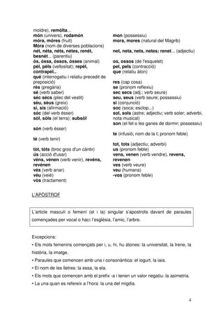 moldre), remòlta...
món (univers), rodamón                      mon (possessiu)
móra, móres (fruit)                         mora, mores (natural del Magrib)
Móra (nom de diverses poblacions)
nét, néta, néts, nétes, renét,              net, neta, nets, netes; renet... (adjectiu)
besnét... (parentiu)
ós, óssa, óssos, ósses (animal)             os, ossos (de l'esquelet)
pèl, pèls (vellositat); repèl,              pel, pels (contracció)
contrapèl...                                que (relatiu àton)
què (interrogatiu i relatiu precedit de
preposició)                                 res (cap cosa)
rés (pregària)                              se (pronom reflexiu)
sé (verb saber)                             sec secs (adj.; verb seure)
séc sécs (plec del vestit)                  seu, seus (verb seure; possessiu)
sèu, sèus (greix)                           si (conjunció)
sí, sís (afirmació)                         soc (soca; esclop...)
sóc (del verb ésser)                        sol, sols (astre; adjectiu; verb soler; adverbi,
sòl, sòls (el terra); subsòl                nota musical)
                                            son (el fet o les ganes de dormir; possessiu)
són (verb ésser)
                                            te (infusió; nom de la t; pronom feble)
té (verb tenir)
                                            tot, tots (adjectiu; adverbi)
tòt, tòts (broc gros d'un càntir)           us (pronom feble)
ús (acció d'usar)                           vens, venen (verb vendre), revens,
véns, vénen (verb venir), revéns,           revenen
revénen                                     ves (verb veure)
vés (verb anar)                             veu (humana)
véu (veié)                                  -vos (pronom feble)
vós (tractament)


L’APÒSTROF


L’article masculí o femení (el i la) singular s’apostrofa davant de paraules
començades per vocal o hac: l’església, l’amic, l’arbre.


Excepcions:
• Els mots femenins començats per i, u, hi, hu àtones: la universitat, la Irene, la
història, la imatge.
• Paraules que comencen amb una i consonàntica: el iogurt, la iaia.
• El nom de les lletres: la essa, la ela.
• Els mots que comencen amb el prefix -a i tenen un valor negatiu: la asimetria.
• La una quan es refereix a l’hora: la una del migdia.


                                                                                      4
 