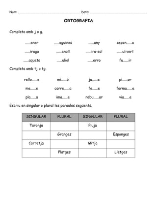 Nom: ............................................................................... Data: ........................................................................

                                                                ORTOGRAFIA

Completa amb j o g.

                  ......ener                        ......oguines                            ......uny                         espon......a

                  ......iraga                          ......enoll                        ......ira-sol                        ......ulivert

                ......aqueta                           ......uliol                          ......erro                            fu......ir

Completa amb tj o tg.

                 rello......e                           mi......ó                            ju......e                            pi......or

                   me......e                         corre......a                            fe......e                        forma......e

                   pla......a                          ima......e                         rebu......ar                            via......e

Escriu en singular o plural les paraules següents.

                   SINGULAR                             PLURAL                        SINGULAR                             PLURAL

                       Taronja                                                               Pluja

                                                        Granges                                                           Esponges

                      Corretja                                                               Mitja

                                                         Platges                                                            Lletges
 
