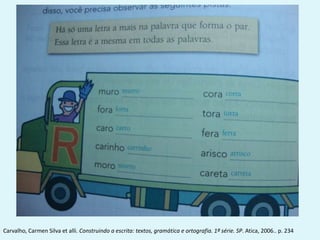 Carvalho, Carmen Silva et alli. Construindo a escrita: textos, gramática e ortografia. 1ª série. SP. Atica, 2006.. p. 234
 