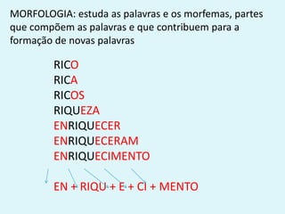 MORFOLOGIA: estuda as palavras e os morfemas, partes
que compõem as palavras e que contribuem para a
formação de novas palavras
RICO
RICA
RICOS
RIQUEZA
ENRIQUECER
ENRIQUECERAM
ENRIQUECIMENTO
EN + RIQU + E + CI + MENTO
 