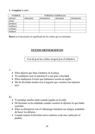 22
8.- Completa la tabla:
VERBOS FORMAS VERBALES
distraer distrajiste distrajimos distrajera distrajerais
atraer
producir
maldecir
contraer
traducir
Busca en el diccionario el significado de los verbos que no entiendas.
TEXTOS ORTOGRÁFICOS:
1.-
• Ellos dijeron que iban a bañarse en la playa.
• Tú condujiste ayer el automóvil a una gran velocidad.
• Ellos tradujeron el texto que habíamos escrito en inglés.
• Me he divertido mucho con el juguete que vosotros me trajisteis
ayer.
2.-
• Yo produje mucho ruido cuando jugaba en la calle.
• Mi hermano se ha enfadado cuando vosotros le dijisteis lo que había
ocurrido.
• Ellos se distrajeron con el videojuego mientras sus amigos acababan
de hacer los deberes.
• Cuando trajiste la bicicleta nueva salimos a dar una vuelta por el
pueblo.
Uso de j en los verbos sin g ni j en el infinitivo
iiinnniiinnnfffiiinnniiitttiiivvvooo
 