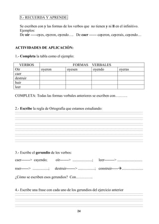 24
5.- RECUERDA Y APRENDE:
Se escriben con y las formas de los verbos que no tienen y ni ll en el infinitivo.
Ejemplos:
De oír -----oyes, oyeron, oyendo…. De caer ------ cayeron, cayerais, cayendo…
ACTIVIDADES DE APLICACIÓN:
1.- Completa la tabla como el ejemplo:
VERBOS FORMAS VERBALES
Oír oyeron oyesen oyendo oyeras
caer
destruir
huir
leer
COMPLETA: Todas las formas verbales anteriores se escriben con……….
2.- Escribe la regla de Ortografía que estamos estudiando:
________________________________________________________________________________________________________________________________________________________________
________________________________________________________________________________________________________________________________________________________________
________________________________________________________________________________________________________________________________________________________________
________________________________________________________________________________________________________________________________________________________________
________________________________________________________________________________________________________________________________________________________________
________________________________________________________________________________________________________________________________________________________________
________________________________________________________________________________________________________________________________________________________________
________________________________________________________________________________________________________________________________________________________________
________________________________________________________________________________________________________________________________________________________________
________________________________________________________________________________________________________________________________________________________________
________________________________________________________________________________________________________________________________________________________________
________________________________________________________________________________________________________________________________________________________________
3.- Escribe el gerundio de los verbos:
caer-------> cayendo; oír-------> .....................; leer--------> ...........................
roer------> .................; destruir-------> ..................; construir-----.......................
¿Cómo se escriben esos gerundios? Con…………..
4.- Escribe una frase con cada uno de los gerundios del ejercicio anterior
________________________________________________________________________________________________________________________________________________________________
________________________________________________________________________________________________________________________________________________________________
________________________________________________________________________________________________________________________________________________________________
________________________________________________________________________________________________________________________________________________________________
________________________________________________________________________________________________________________________________________________________________
________________________________________________________________________________________________________________________________________________________________
 