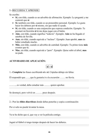 46
5.- RECUERDA Y APRENDE:
Se escribe:
• Sí, con tilde, cuando es un adverbio de afirmación. Ejemplo: Le pregunté y me
contestó que sí.
• Sí, también con tilde, cuando es un pronombre personal. Ejemplo: Le gusta
hacer los deberes por sí mismo, sin que nadie le ayude.
• Si, sin tilde, cuando es una conjunción que expresa condición. Ejemplo: Te
prestaré mi bicicleta si tú me dejas jugar con el balón.
• Aún, con tilde, cuando significa “todavía”. Ejemplo: Aún no ha llegado el
autobús de Sevilla.
• Aun, sin tilde, cuando equivale a “incluso”. Ejemplo: Juan aprobó, aun sin
haber estudiado mucho.
• Más, con tilde, cuando es adverbio de cantidad. Ejemplo: Tu primo tiene más
cromos que tú.
• Mas, sin tilde, cuando equivale a “pero”. Ejemplo: Quise subir al árbol, mas
no pude.
ACTIVIDADES DE APLICACIÓN:
sí - si
1.- Completa las frases escribiendo sí o si. Cópialas debajo sin faltas:
Él respondió que......., que le gustaría ir a la excursión ......... no llovía.
________________________________________________________________________________________________________________________________________________________________
________________________________________________________________________________________________________________________________________________________________
..........., es verdad, debo estudiar más .......... quiero aprobar.
________________________________________________________________________________________________________________________________________________________________
________________________________________________________________________________________________________________________________________________________________
Se desmayó, pero volvió en ........... poco después.
________________________________________________________________________________________________________________________________________________________________
________________________________________________________________________________________________________________________________________________________________
2.- Pon las tildes diacríticas donde debas ponerlas y copia a continuación:
Por si solo no puede levantar la mesa.
________________________________________________________________________________________________________________________________________________________________
________________________________________________________________________________________________________________________________________________________________
Ya te he dicho que si, que voy a ver la película contigo.
________________________________________________________________________________________________________________________________________________________________
________________________________________________________________________________________________________________________________________________________________
Jugaré al fútbol si tengo tiempo después de hacer los deberes.
________________________________________________________________________________________________________________________________________________________________
________________________________________________________________________________________________________________________________________________________________
 