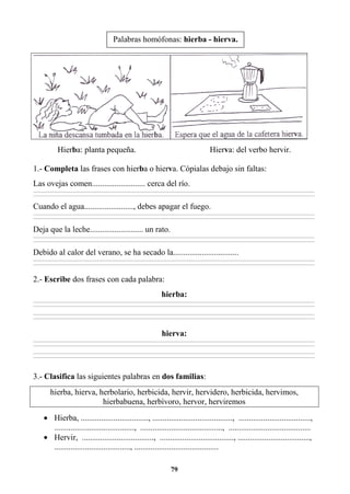 79
Hierba: planta pequeña. Hierva: del verbo hervir.
1.- Completa las frases con hierba o hierva. Cópialas debajo sin faltas:
Las ovejas comen.......................... cerca del río.
________________________________________________________________________________________________________________________________________________________________
________________________________________________________________________________________________________________________________________________________________
Cuando el agua........................, debes apagar el fuego.
________________________________________________________________________________________________________________________________________________________________
________________________________________________________________________________________________________________________________________________________________
Deja que la leche.......................... un rato.
________________________________________________________________________________________________________________________________________________________________
________________________________________________________________________________________________________________________________________________________________
Debido al calor del verano, se ha secado la................................
________________________________________________________________________________________________________________________________________________________________
________________________________________________________________________________________________________________________________________________________________
2.- Escribe dos frases con cada palabra:
hierba:
________________________________________________________________________________________________________________________________________________________________
________________________________________________________________________________________________________________________________________________________________
________________________________________________________________________________________________________________________________________________________________
________________________________________________________________________________________________________________________________________________________________
hierva:
________________________________________________________________________________________________________________________________________________________________
________________________________________________________________________________________________________________________________________________________________
________________________________________________________________________________________________________________________________________________________________
________________________________________________________________________________________________________________________________________________________________
3.- Clasifica las siguientes palabras en dos familias:
hierba, hierva, herbolario, herbicida, hervir, hervidero, herbicida, hervimos,
hierbabuena, herbívoro, hervor, herviremos
• Hierba, ................................., ......................................., ...................................,
......................................., ........................................, ........................................
• Hervir, ..................................., ...................................., ...................................,
....................................., .........................................
Palabras homófonas: hierba - hierva.
 
